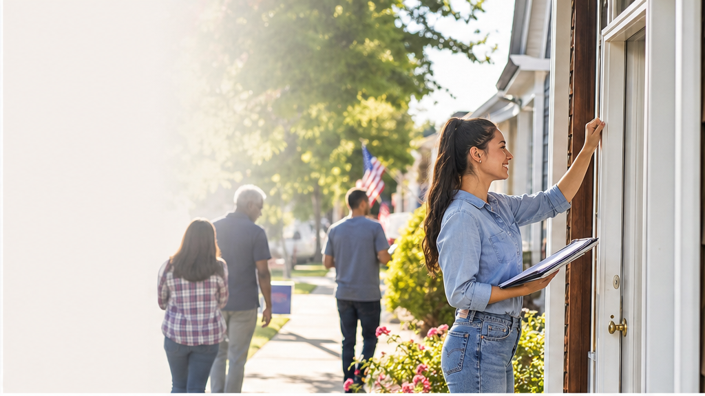 Campaign canvasser knocking on doors for voter outreach